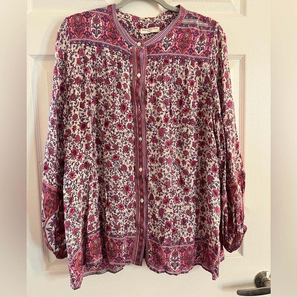 Spell - pink floral long sleeve button down top - large